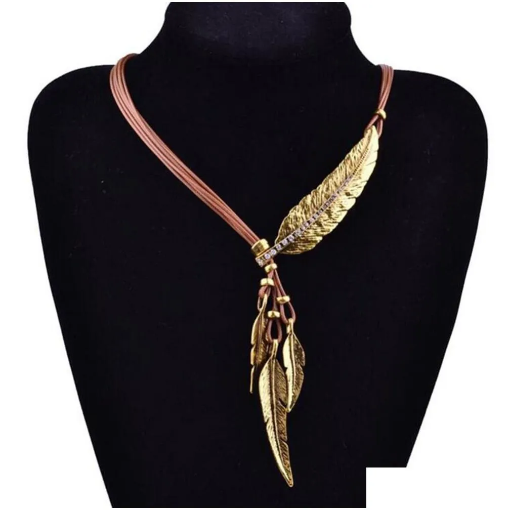 womens fashion stainless steel feather tree leaf pendant necklace multilayer clavicle chain sweater chain jewelry accessories