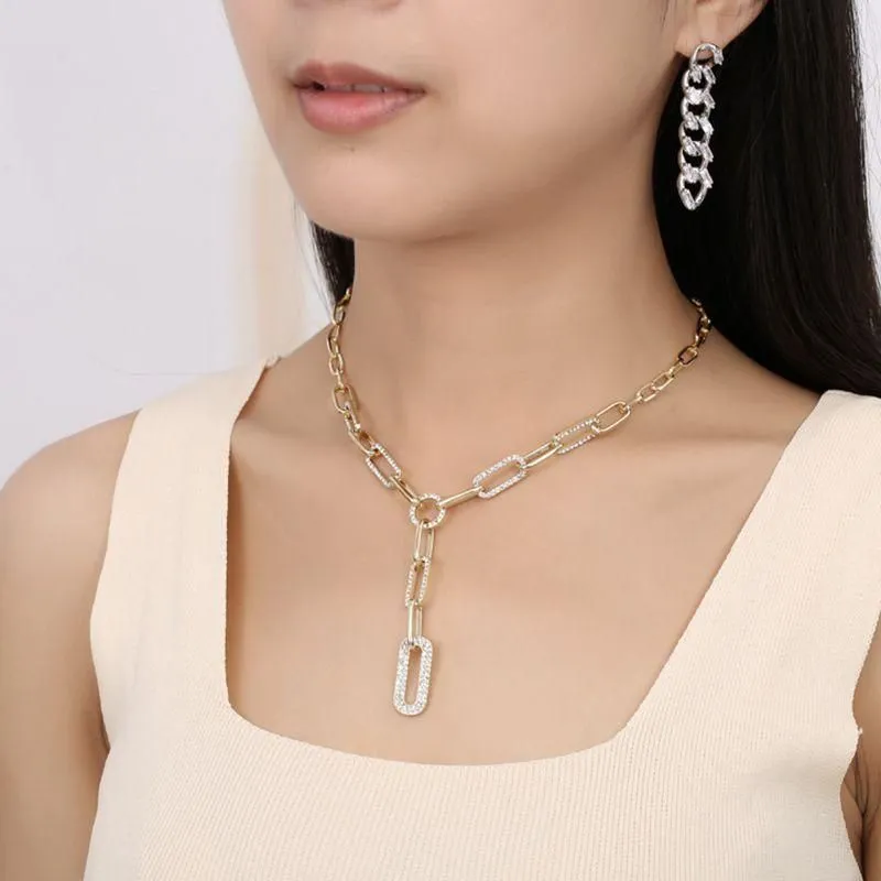 Chains Gold Silver Color Paper Clip Thick Chain Necklace Female Sweater Accessories Shiny Rhinestone Stitching Clavicle Choker