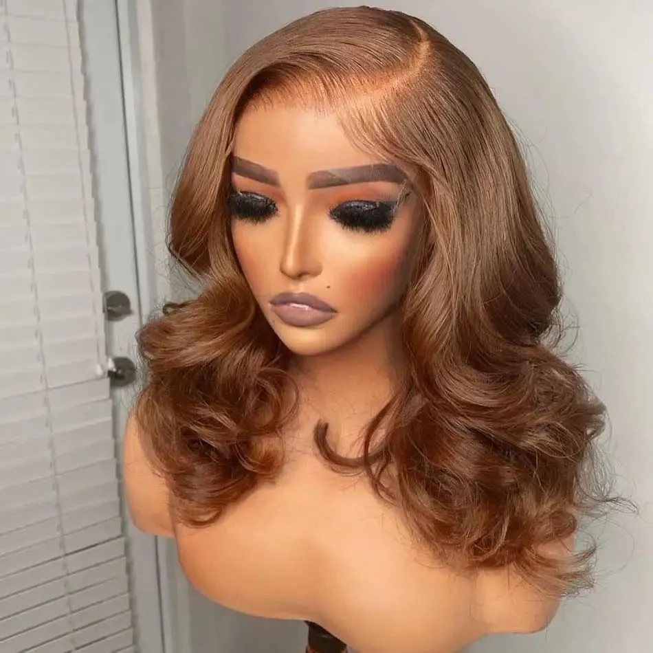 New Chestnut Brown Colored Glueless transparent Lace Front Wigs Loose Wave Wavy 13x4 HD Full Frontal Human Hair Wigs 150% Girl lady