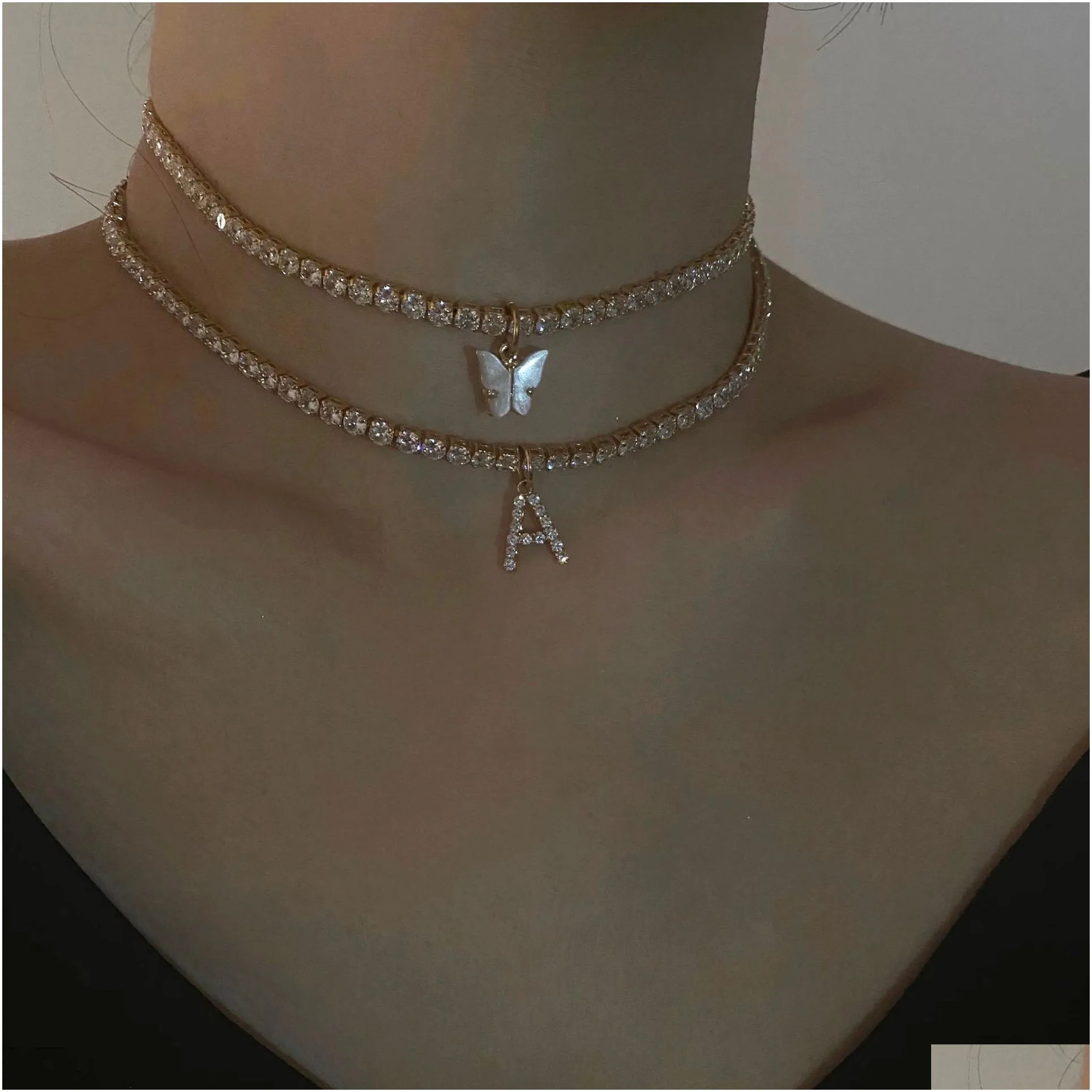 multilayer butterfly pendant necklace women silver color 26 initials letters crystal chain necklace collar jewelry