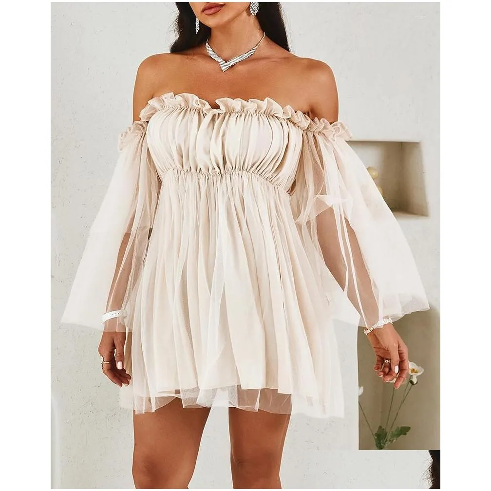 Basic & Casual Dresses Spring Women Solid Off Shoder Frill Trim Layered Mesh Dress 2022 Femme A Line Mini Party Robe Boho Lady Club O Dhdo0