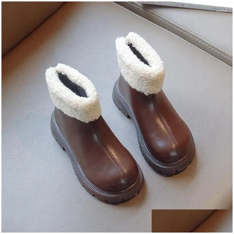 Boots Leather Shoes For Kids Girls Winter High Tops Style Outdoor Snow Ankle Simple Fashion Silp-on Plus Cotton Keep Warm