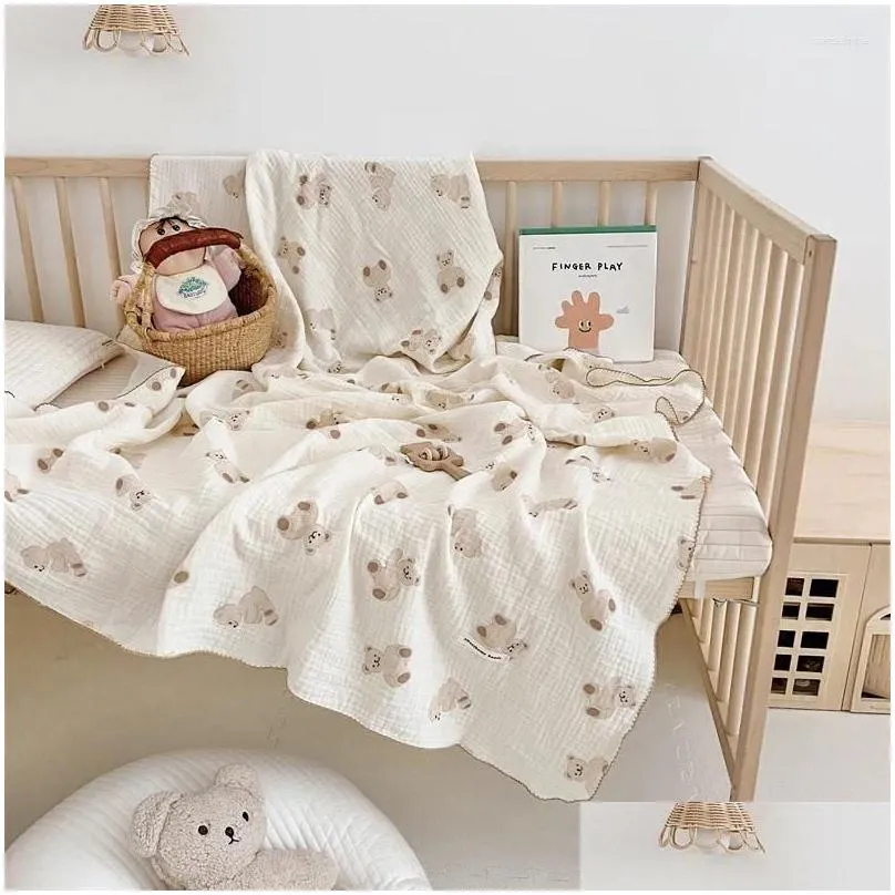 Blankets Cartoon Bear Print Baby Blanket Throw Cotton Gauze Muslin Swaddle Wrap Born Receving Bath Towel Kids Bedding Cover