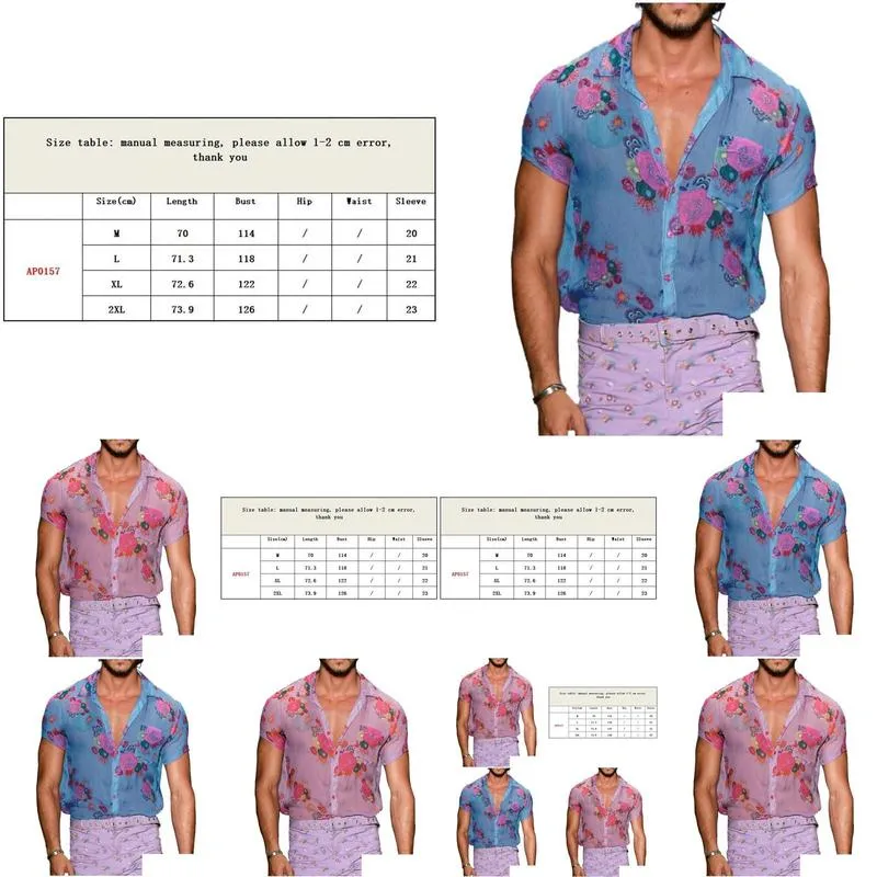 Men`S Dress Shirts Mens Men Shirt See-Through Lapel Top Loose Flower Printed Short Sleeve Buttons Breathable Coatmens Drop Delivery A Dh2Nb