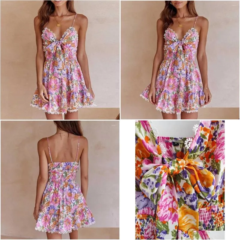 Basic & Casual Dresses Boho Inspired Floral Print V-Nec Bow Tied Front Mini Summer Dress Straps Sleeveless Smocked Chic Ladies Drop D Dhnmh