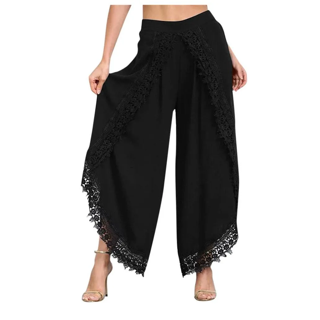Women`S Pants & Capris Lady Wear Mori Girl Elastic Waist Lace Cloghet Wide Leg Calf-Length Cotton Trousers Hippie Boho Women Drop Del Dhe3R