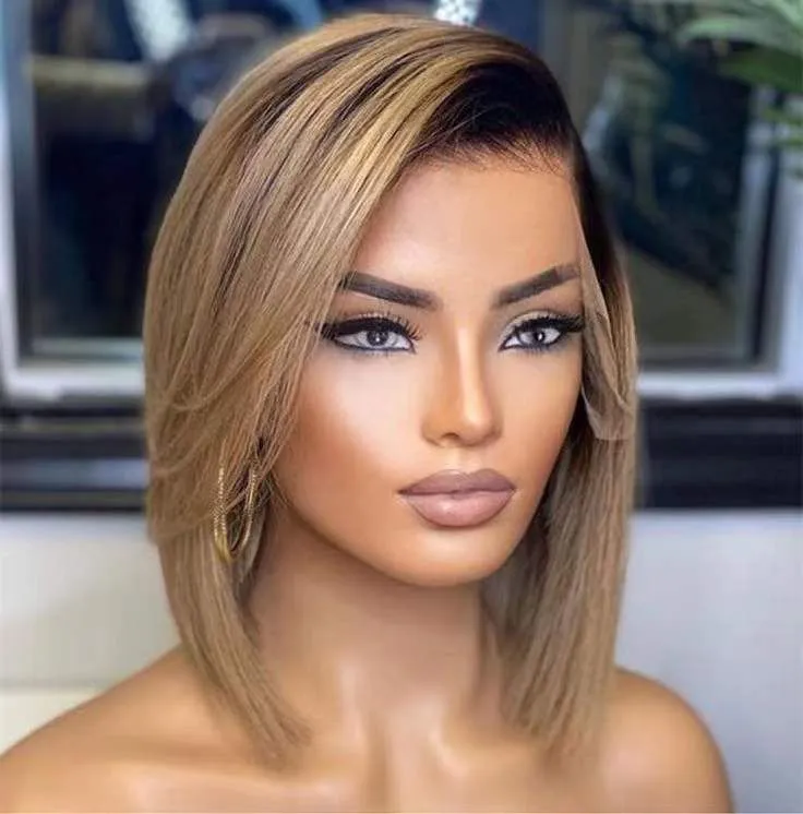 Honey Blonde 13x4 Transparent Lace Front Wig Short Bob Pixie Cut Colored Wigs For Women Human Hair Brazilian Remy Hair 130%density