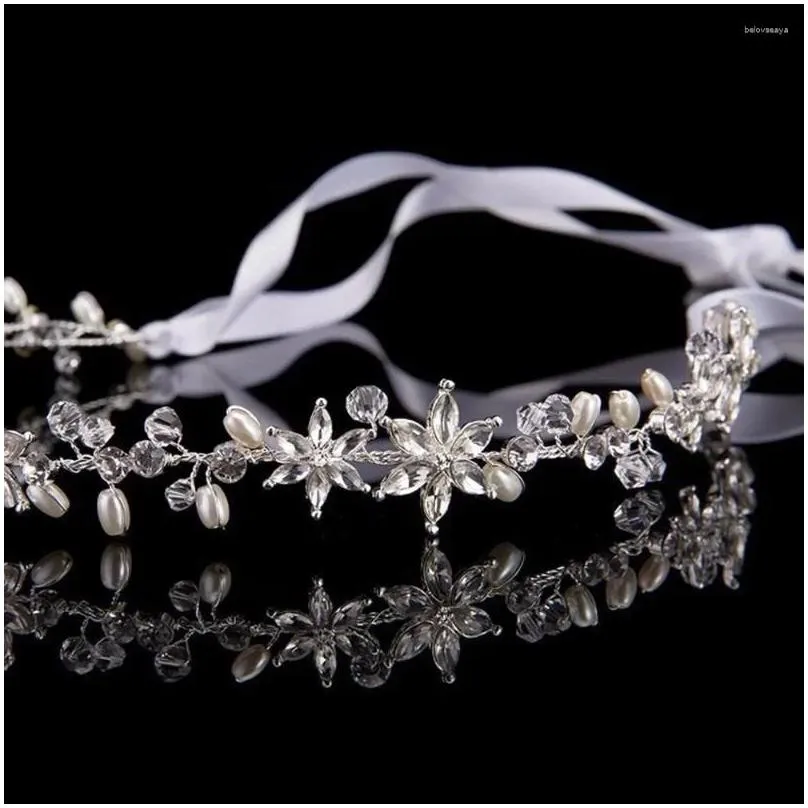 Hair Clips Party Handmade Crown Headwear Bridal Tiara Ornaments Headdress Head Piece Crystal Pearl Bride Hairband With Ribbon