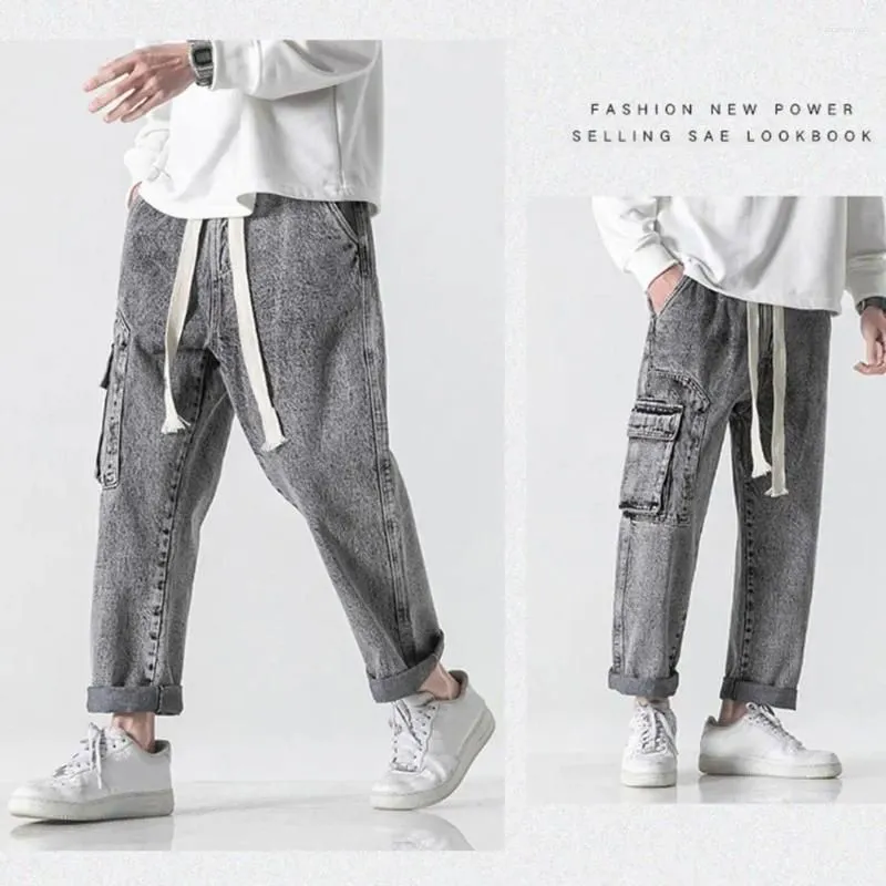 Men`s Jeans Five Pocket Men Summer Casual Denim Pants With Elastic Drawstring Waist Multi Pockets Design Straight For Streetwear