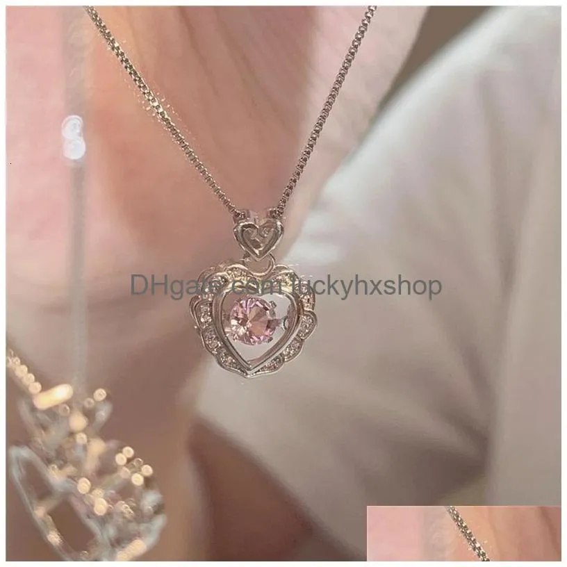 pendant necklaces korean fashion vintage hollow pink crystal heart silver color chain neck necklace for women wedding aesthetic jewelry