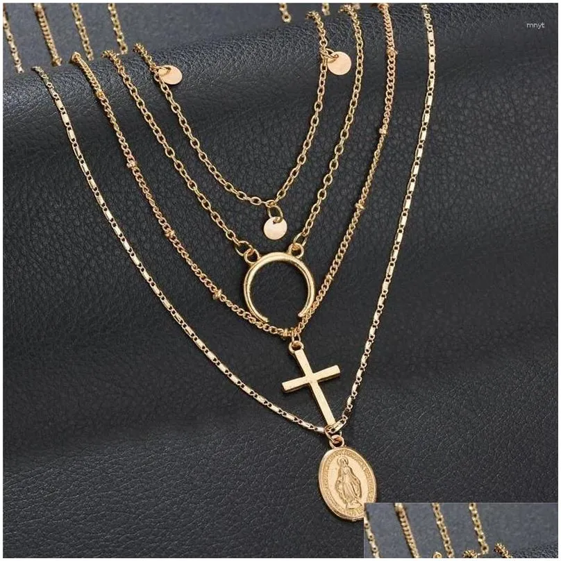 Pendant Necklaces Bohemia Gold Color Cross Layered Necklace Jesus Moon Wafer Metal Chain Easter Day`s Gift For Women