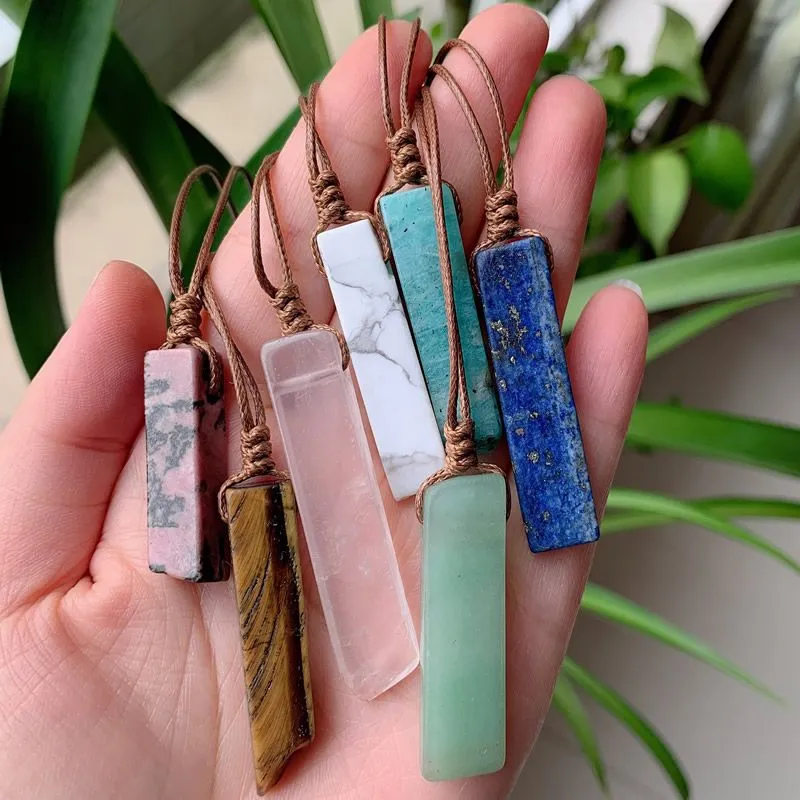 Natural Stone Pendant Raw Mineral Irregular Rectangle Quartz Pendulum Amazonite Tiger Eye Lapsi Pink Crystal Necklaces Healing BULK