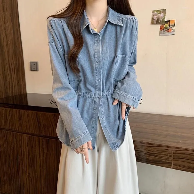 Women`s Blouses Retro Women Drawstring Denim Shirts Spring Loose Long Sleeve Thin Jackets Leisure Female Coats