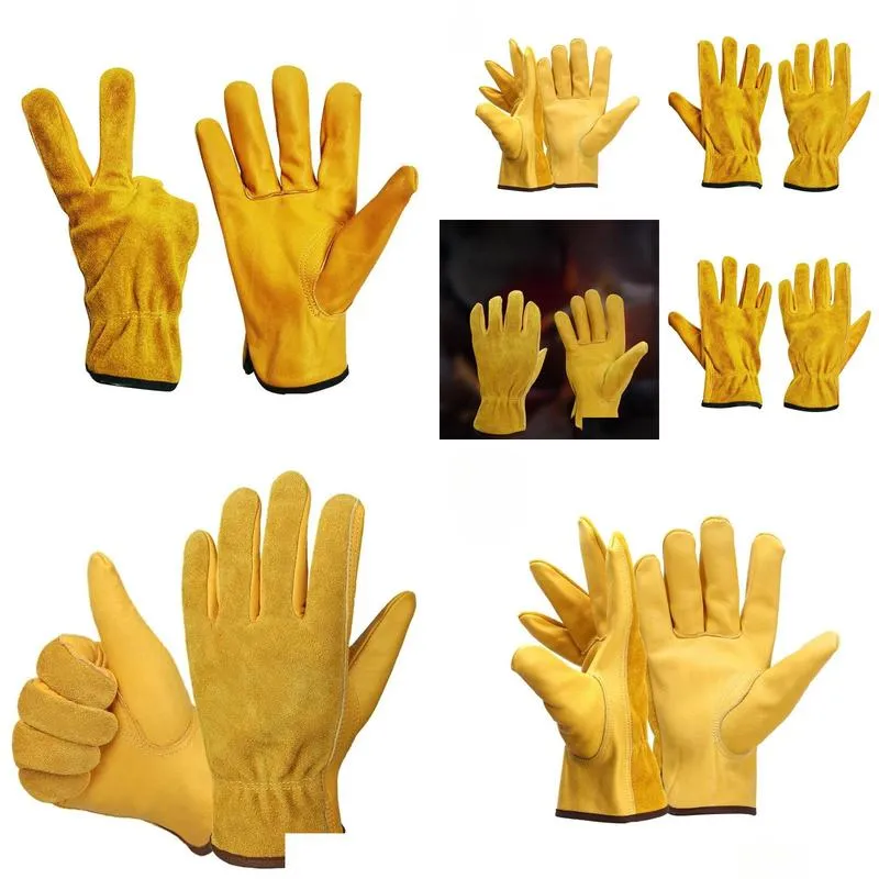 Gloves Work Gloves Men`s Leather Motorcycle Driver Cycling Outdoor Sports Racing Security Protection Safety Yellow Riding Gloves