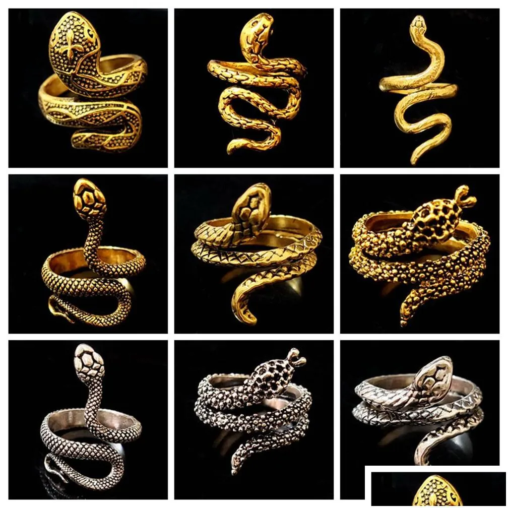 100pcs/lot Exaggerated Antique Punk Style Animal Snake Ring Gold Silver Black Mix Hip hop Rock Fashion Ring Party Jewelry Unisex