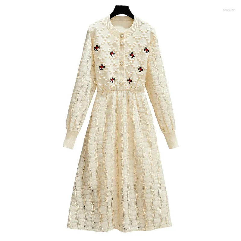 Casual Dresses Knitted Embroidered Long-sleeved Sweater Dress Women`s Autumn And Winter Korean Style Loose Large Size Lace-up