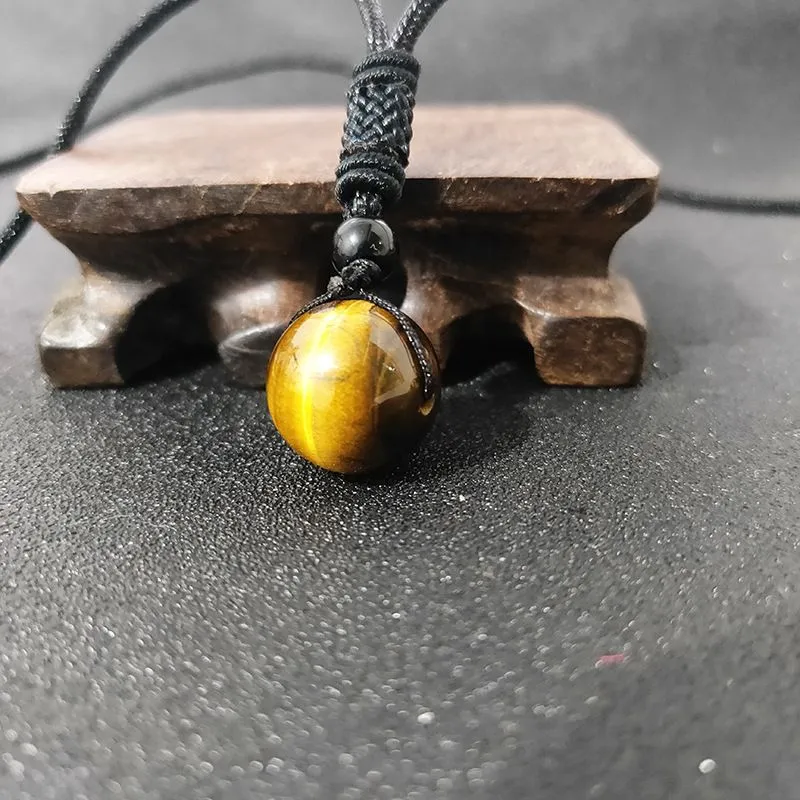 Men Yellow Tiger Eye stone round bead pendant Black Rope Chain Necklace Wholesale Jewelry for Women