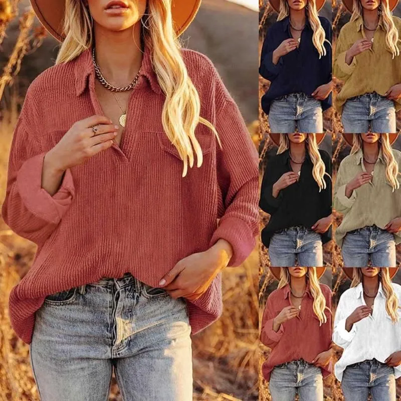 Women`s Blouses Autumn Women Corduroy Turn Down Collar Long Sleeve Loose Blouse Shirt Solid Ladies Tops S-3XL WDC9603