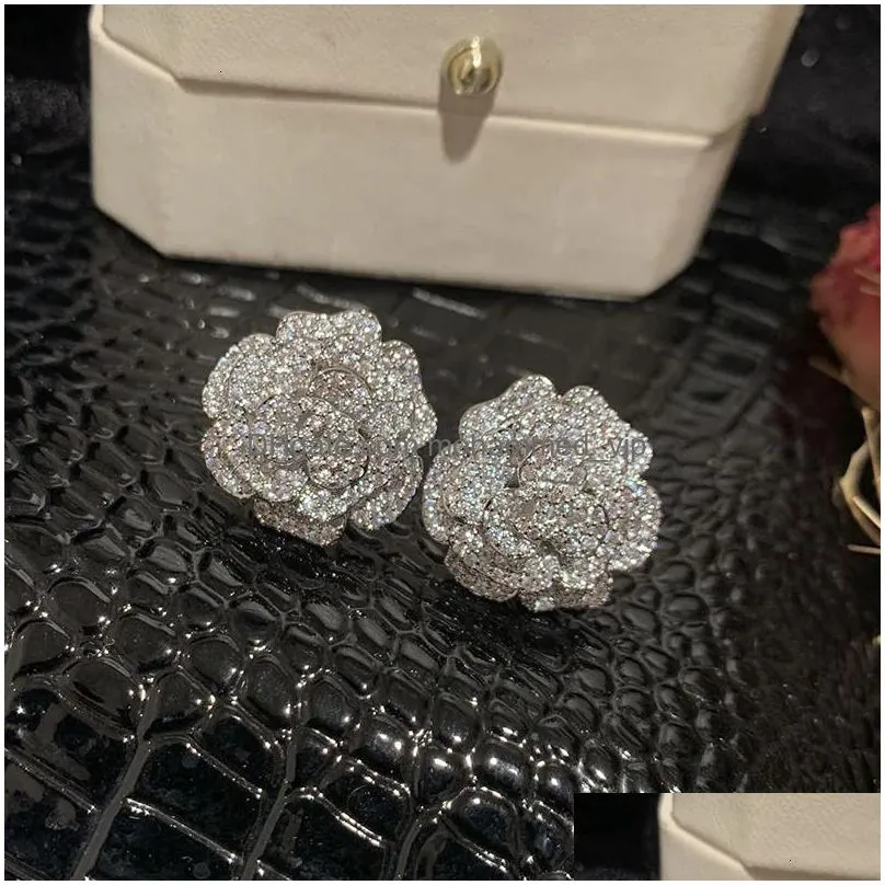 ear cuff s925 silver exquisite camellia flower stud earrings for women aaaaa cubic zirconia elegant generous wedding banquet jewelry gift