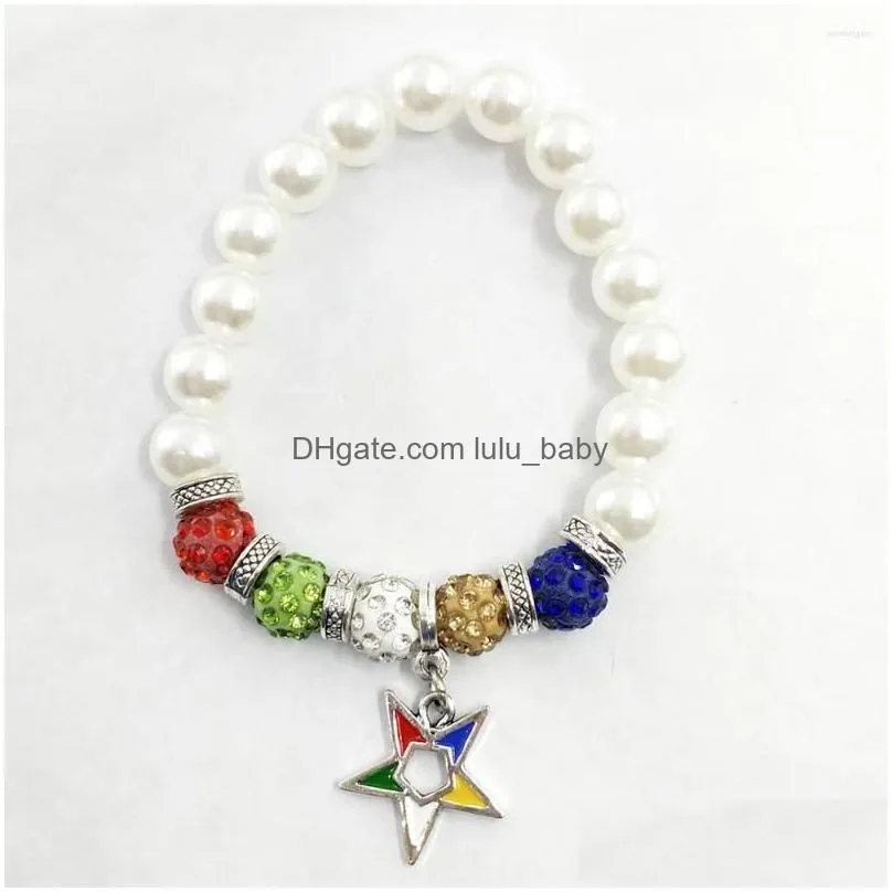 strand handmade greek sorority elastic white pearl order of the eastern star disco ball chram bracelet women jewelry