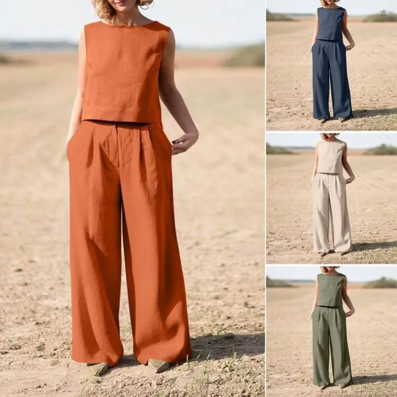 Women`s Two Piece Pants Summer Loose O-Neck Top Wide Leg Elegant Pullover Suit Women Style Cotton Linen