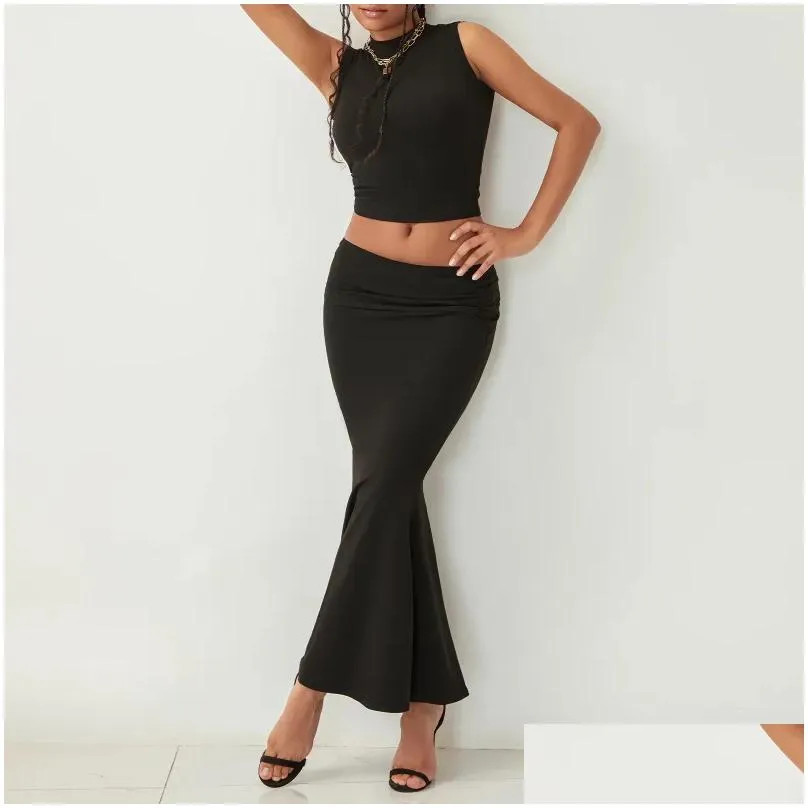 Work Dresses Hirigin Women 2 Piece Bodycon Outfits Sleeveless Crop Tank Top Fold Over Maxi Pencil Skirt Sets Y2k Sexy Matching Suit