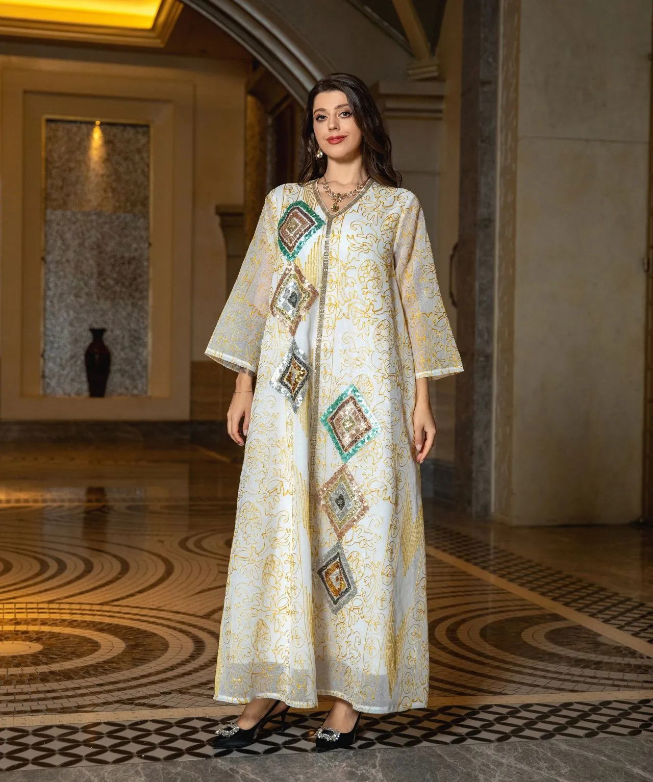 Jalabiya Middle Eastern Robe Muslim Mesh Embroidered Sequins Beaded Evening Dresses Dubai Abaya Temperament Turkish Long Dress 2024 New
