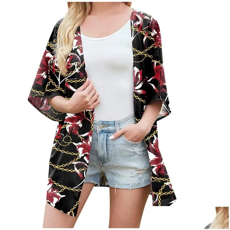 Women`s Swimwear Chiffon Casual Loose Open Front Cover Ups Tops Summer Women Printing Kimono Long Cardigan Blouse Shawl Beachwear