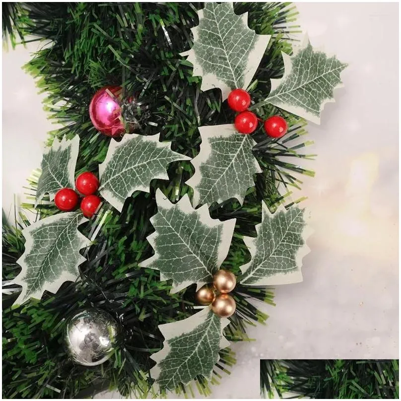 Decorative Flowers 50/5Pcs Artificial Holly Leaves Red Berries Flower For DIY Christmas Wreath Ornament Gifts Home Year Decorations