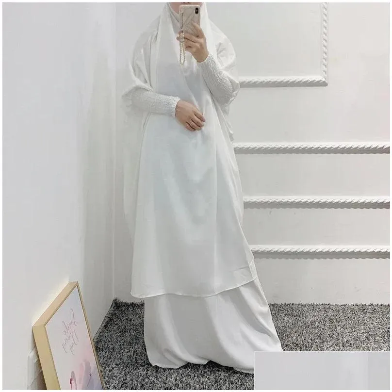 Ethnic Clothing Women Prayer Garment 2 Piece Set 2024 Ramadan Eid Hooded Khimar Abayas Islamic Abaya Hijab Dress Niqab Kaftan Robe