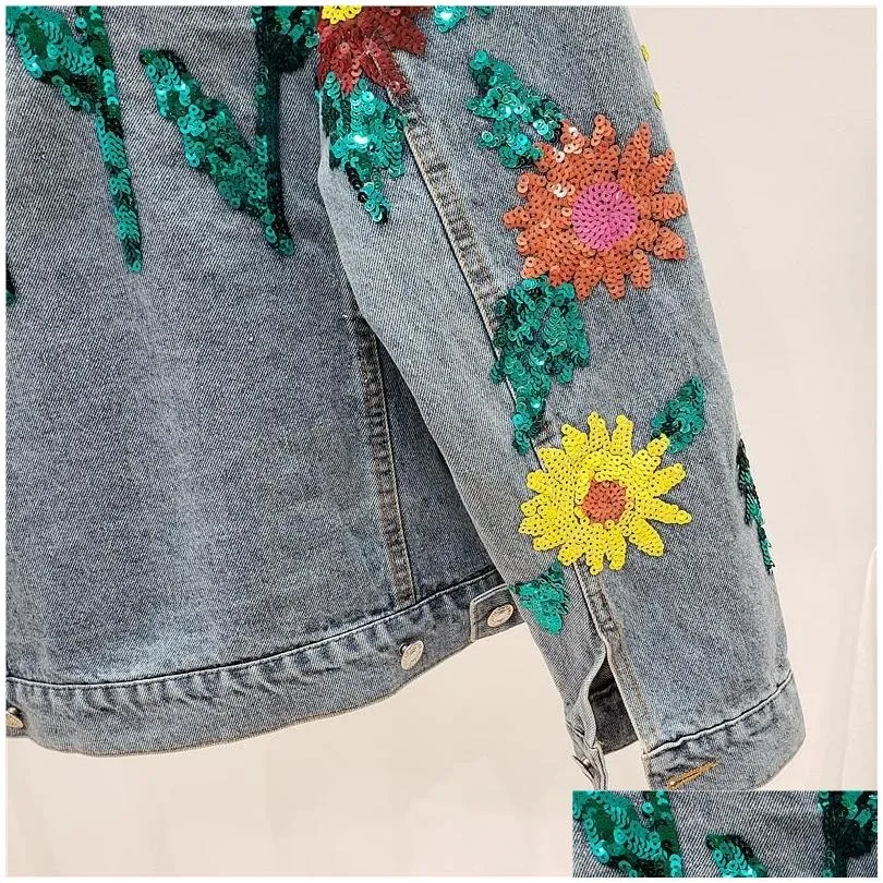 Women`s Jackets Spring Denim Jacket Women Sequins Floral Embroidery Long Sleeve Coat Female Sun Flower Loose Jeans Tide H532