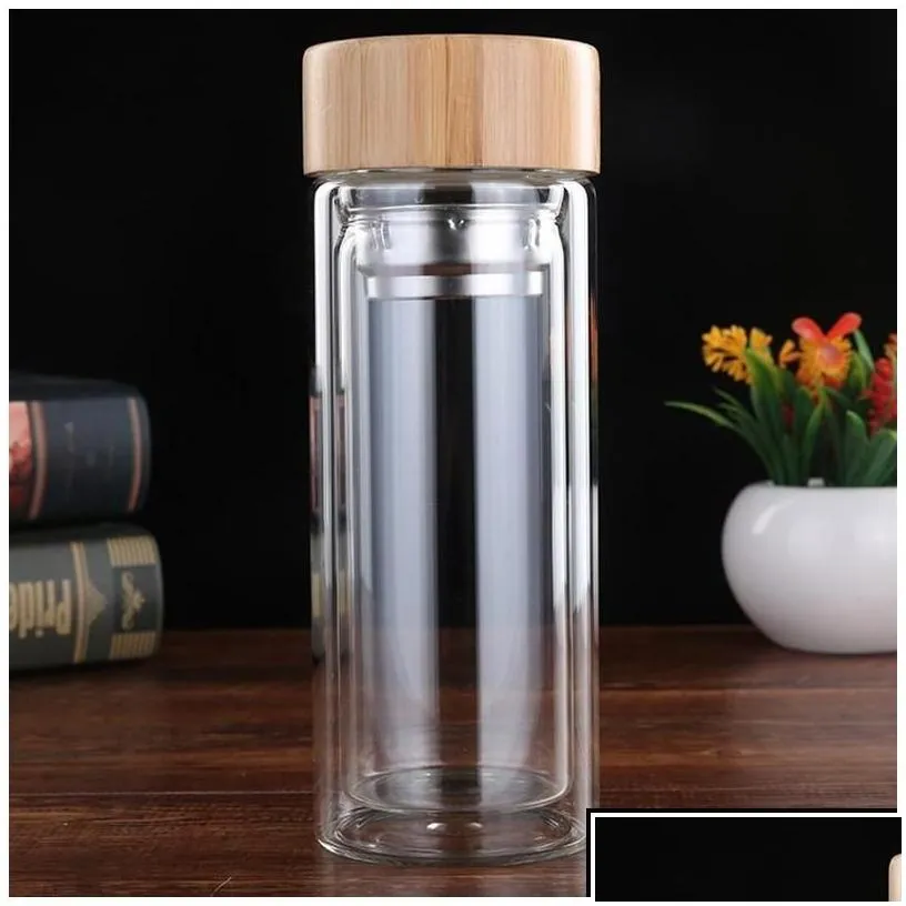 Water Bottles Portable Bamboo Lid Cups Double Walled Glass Tea Tumbler Strainer Infuser Basket Transparent Vt1805 Drop Delivery Home Dhpqu