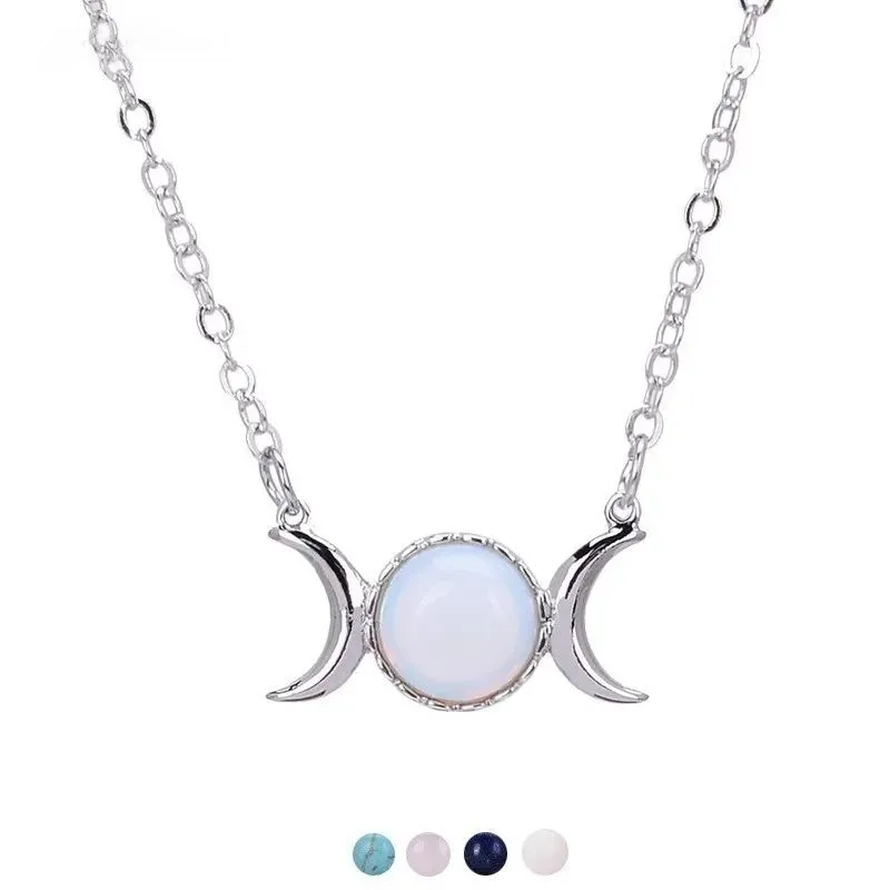 Natural Stone Necklace Sun Moon Turquoise Rose Quartz Opal Healing Crystal Pendant Stainless Steel Chain Necklace for Women Jewelry