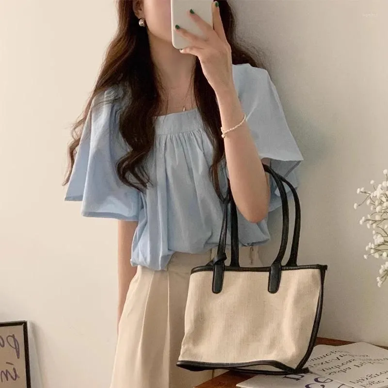 Women`s Blouses Clothland Women Elegant Blouse Basic Blue White Short Sleeve Shirt Female Cute Fashion Tops Blusa Mujer DA521