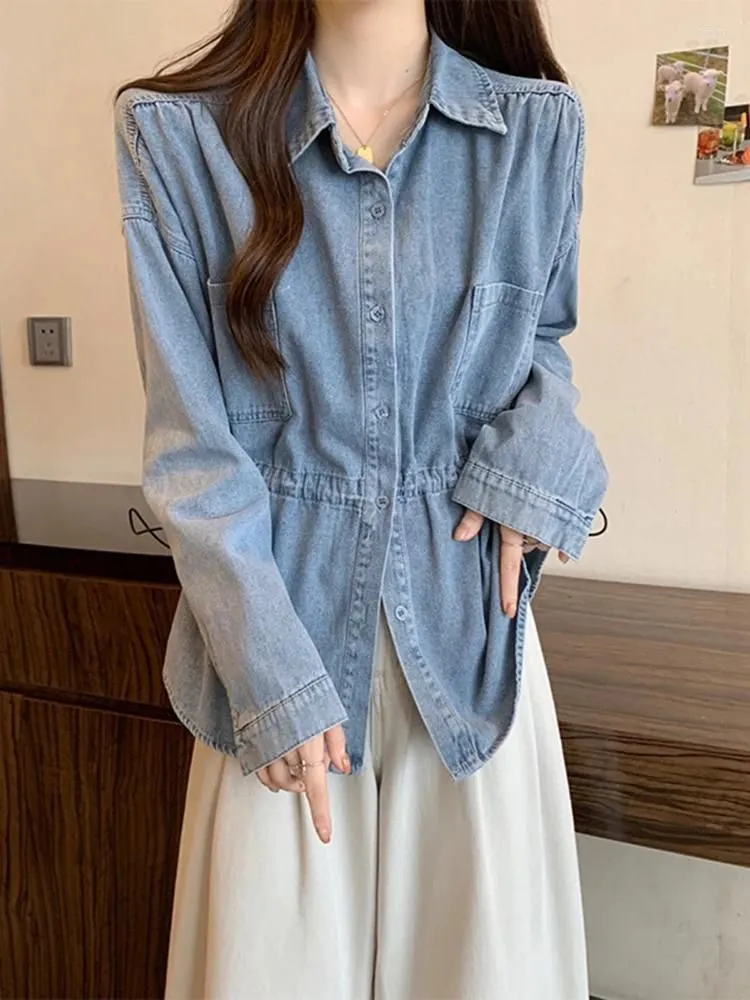 Women`s Blouses Retro Women Drawstring Denim Shirts Spring Loose Long Sleeve Thin Jackets Leisure Female Coats