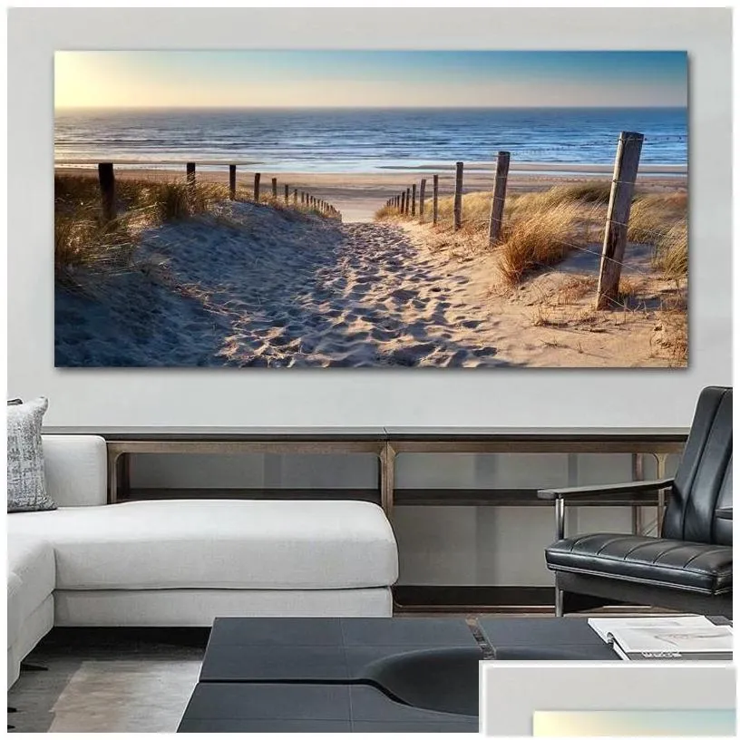 Paintings Beach Landscape Canvas Painting Indoor Decorations Wood Bridge Wall Art Pictures For Living Room Home Decor Sea Sunset Pri Dhtvm