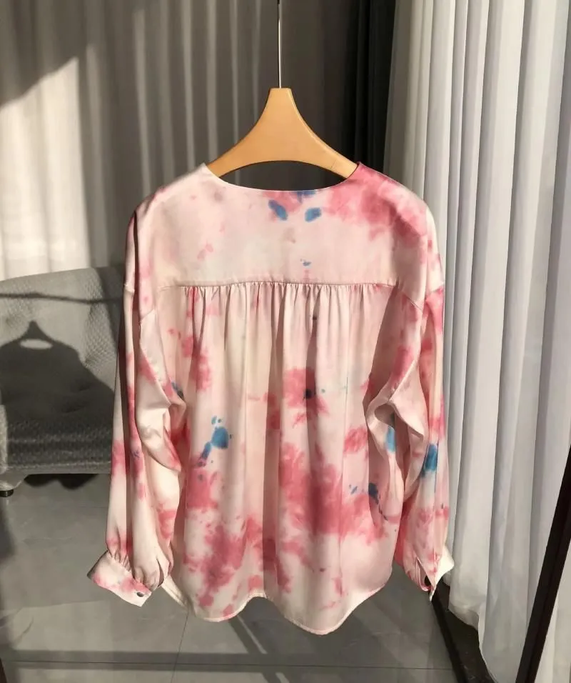 Women`s Blouses 2024 Spring V-neck Peach Blossom Print Loose Silk Women Shirt