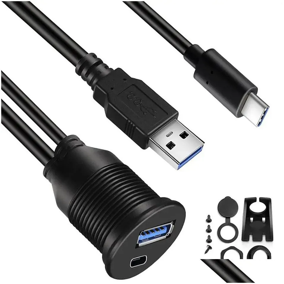 USB 3.0 & Type C 3.1 Car Flush Mount Cable Dashboard Panel Waterproof Extension Cable for Truck Boat Motorcycle 1M