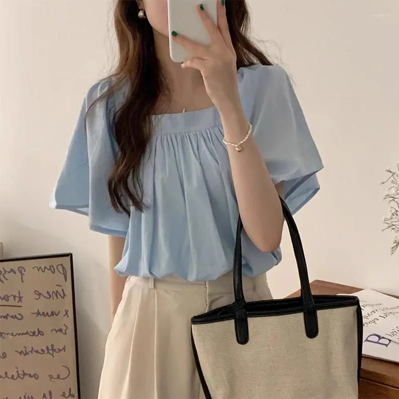 Women`s Blouses Clothland Women Elegant Blouse Basic Blue White Short Sleeve Shirt Female Cute Fashion Tops Blusa Mujer DA521