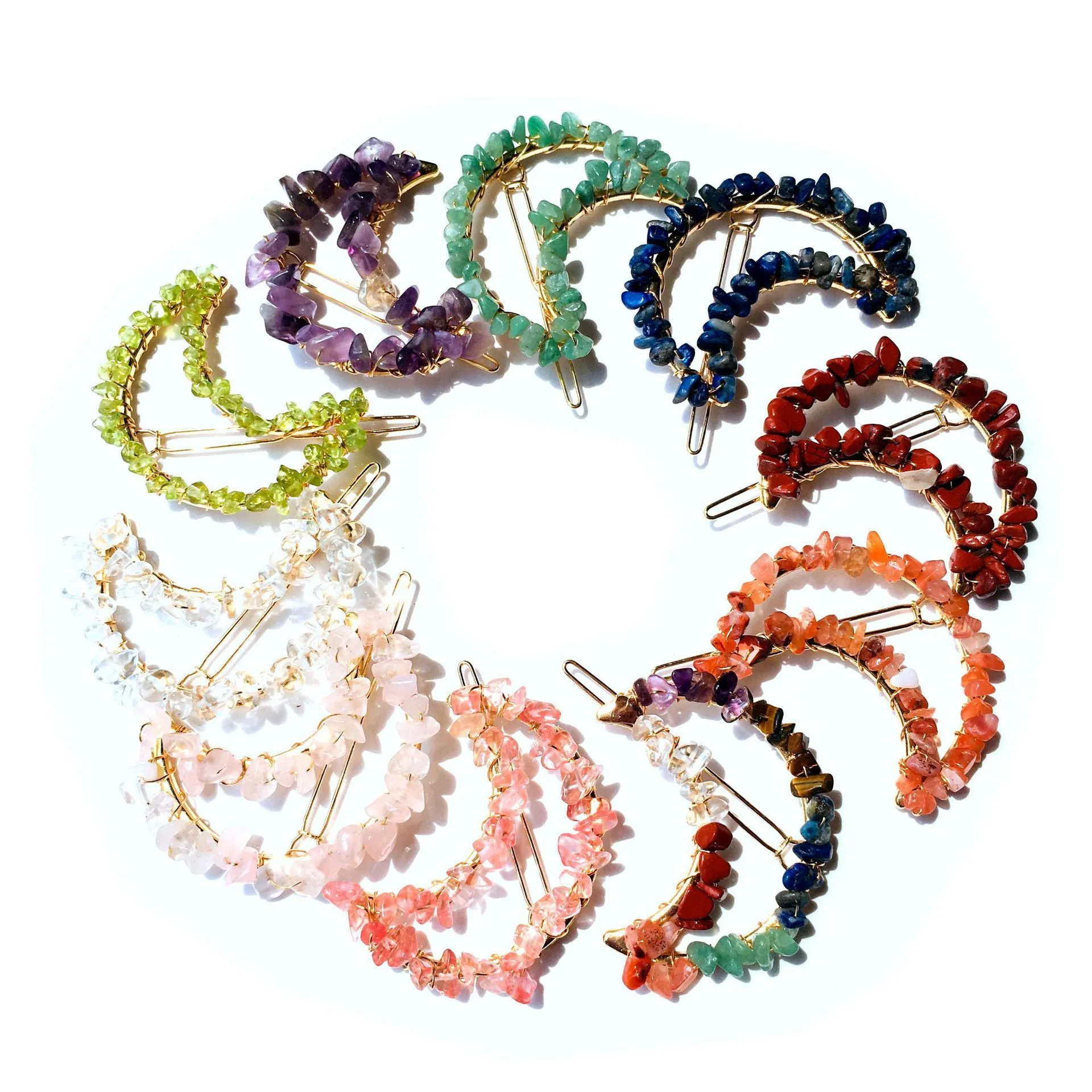 Natural Chip Stone beads Moon Hair Clips Chakra Yoga Crystal Hairclip Amethyst Rose Quartz Hairpin Hair clip Accessories