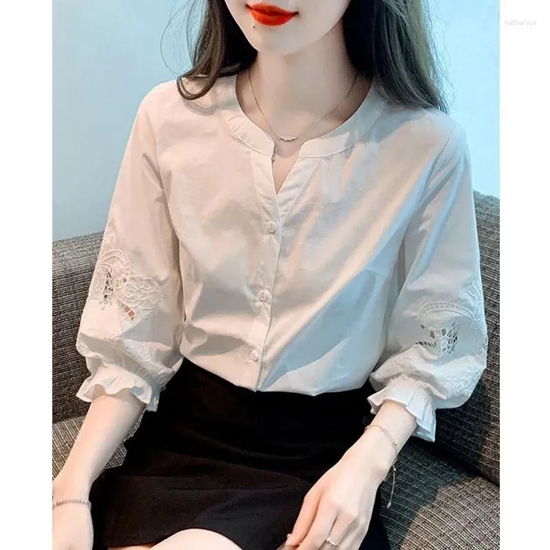 Women`s Blouses Clothing Embroidery Hollow Simple Cotton Button Up Shirt Summer Trendy 3/4 Sleeve Solid Loose Casual Chic LJ559