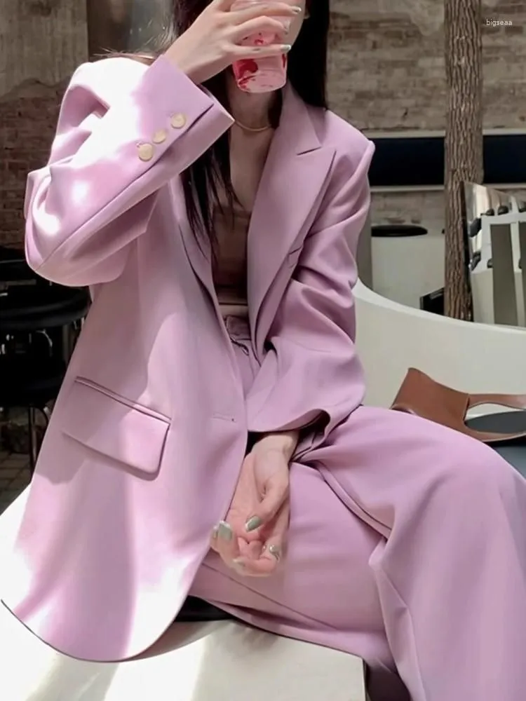 Women`s Two Piece Pants Woman Blazer Jacket Long Trousers Set Pink Office Korean Fashion Two-Piece Single Breasted Business Wear