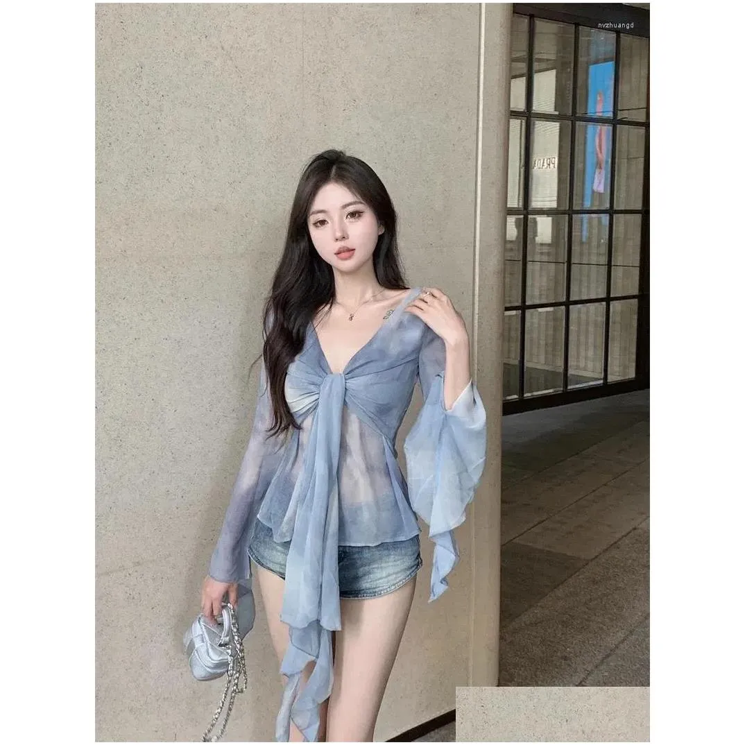 Women`s Blouses Sweet Girl Mesh Gradient Tie Dyed Shirt Summer V-neck Slim Fit Ruffle Edge Long-sleeved Top Fashion Female Clothes