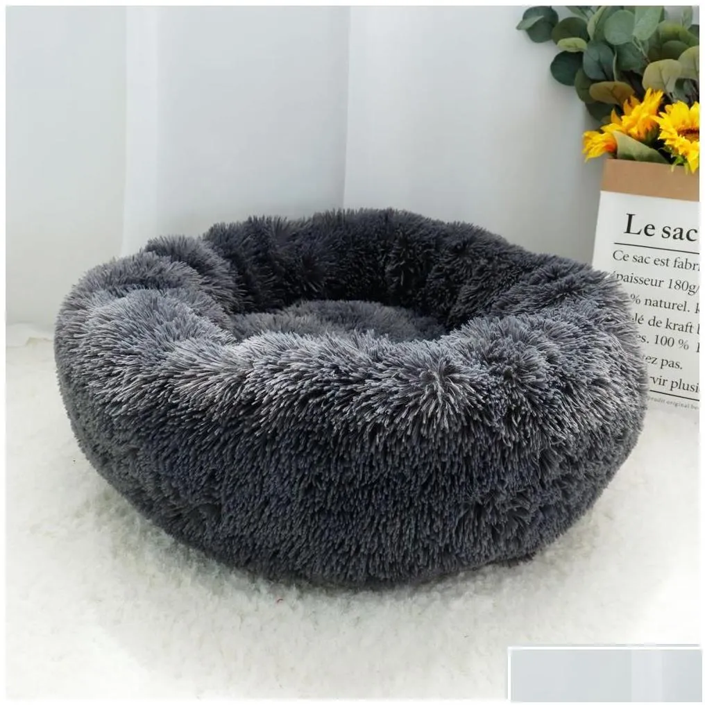 Kennels Pens Warm Fleece Kennel Soft Round Dog Bed Winter Cat Slee Mat Sofa Puppy Small Dogs Cushion House For Pet Y200330 Drop Delive