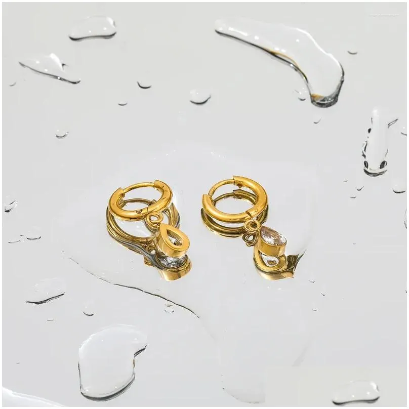 Hoop Earrings Joolim Jewelry Wholesale Non Tarnish & Waterproof Fashion Drop Eye Zircon Huggie Stainless Steel Earring Trend 2024 For
