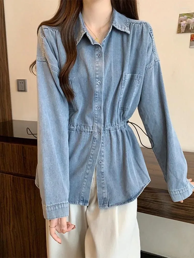 Women`s Blouses Retro Women Drawstring Denim Shirts Spring Loose Long Sleeve Thin Jackets Leisure Female Coats