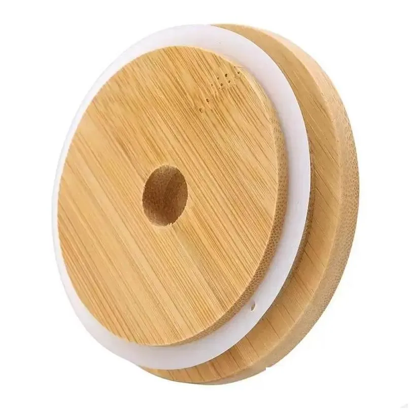 70mm 88mm Bamboo Cup Lid Reusable Wooden Mason Jar Lid with Straw Hole and Silicone Seal Bowl Cover