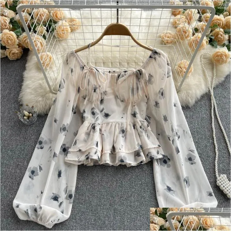 Women`s Blouses Women Chic Lace Up Print Tank Top Slim Basic Sexy Fashion Slash Neck Lantern Long Sleeve Crop Autumn Blouse