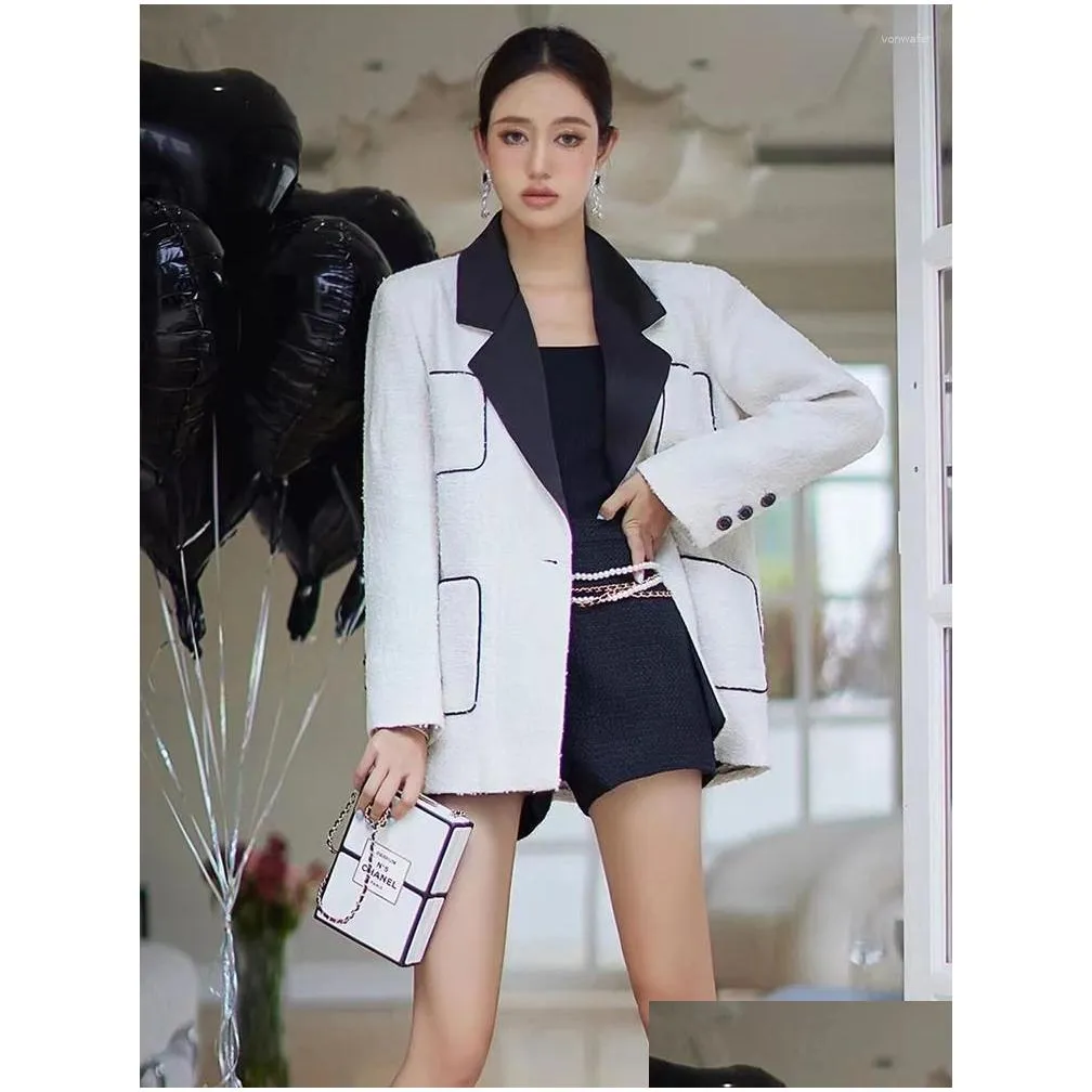 Women`s Hoodies White High-end Suit Collar Small Fragrant Casual Coat Feminine Tweed Wool Top Autumn 2024