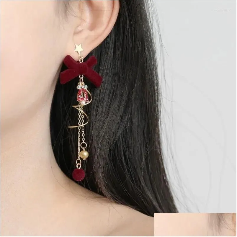 Dangle Earrings Inlaid Rhinestone Bell With Red Flocked Bow Tie For Women Girls Autumn Winter Sweet Tassel Wholesale